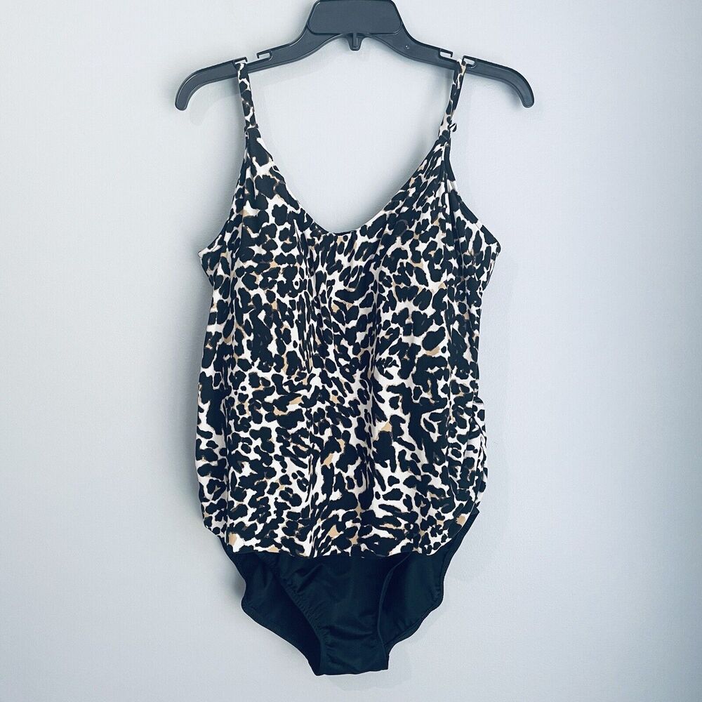 Trimshaper One Piece Swimsuit Size 14 Black Leopard Slimming Rouching Bra Cups
